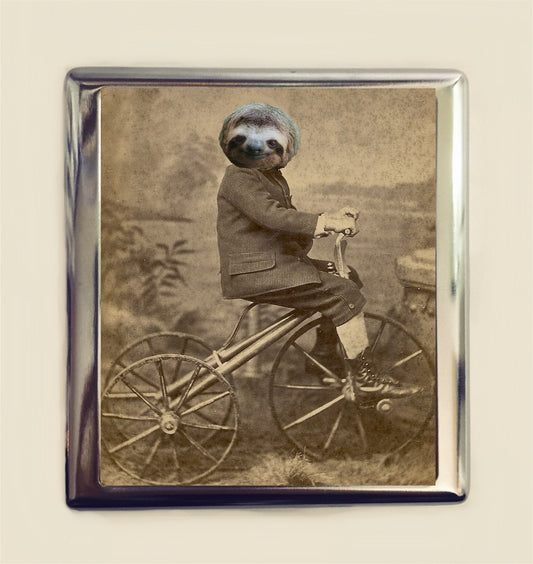 Sloth Riding Bike Cigarette Case Business Card ID Holder Wallet Kawaii Pop Animal Art Whimsical Anthropomorphic Victorian Altered Art