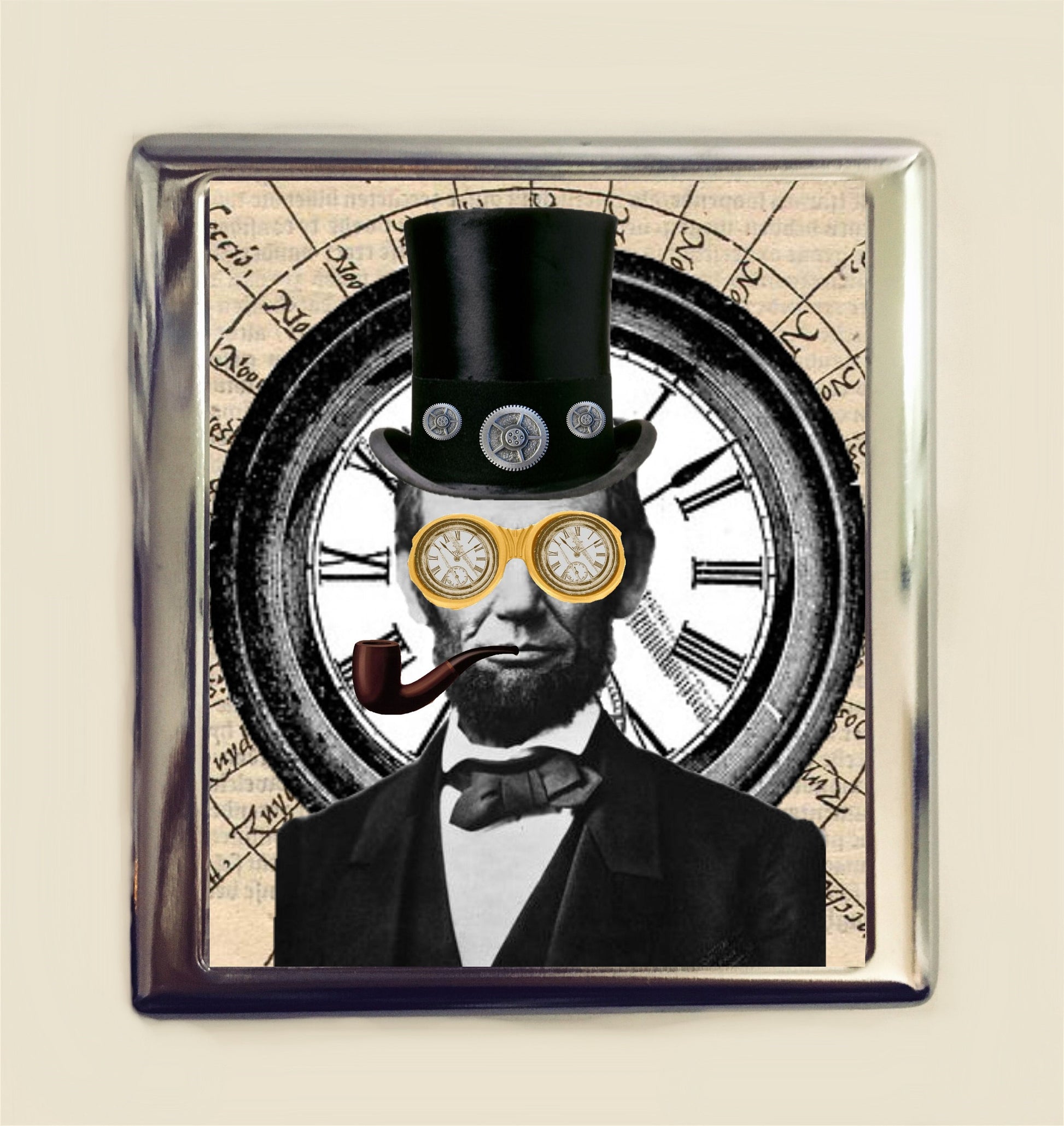 Victorian Steampunk Abraham Lincoln Cigarette Case Business Card ID Holder Wallet Pop Surrealism Altered Art History President