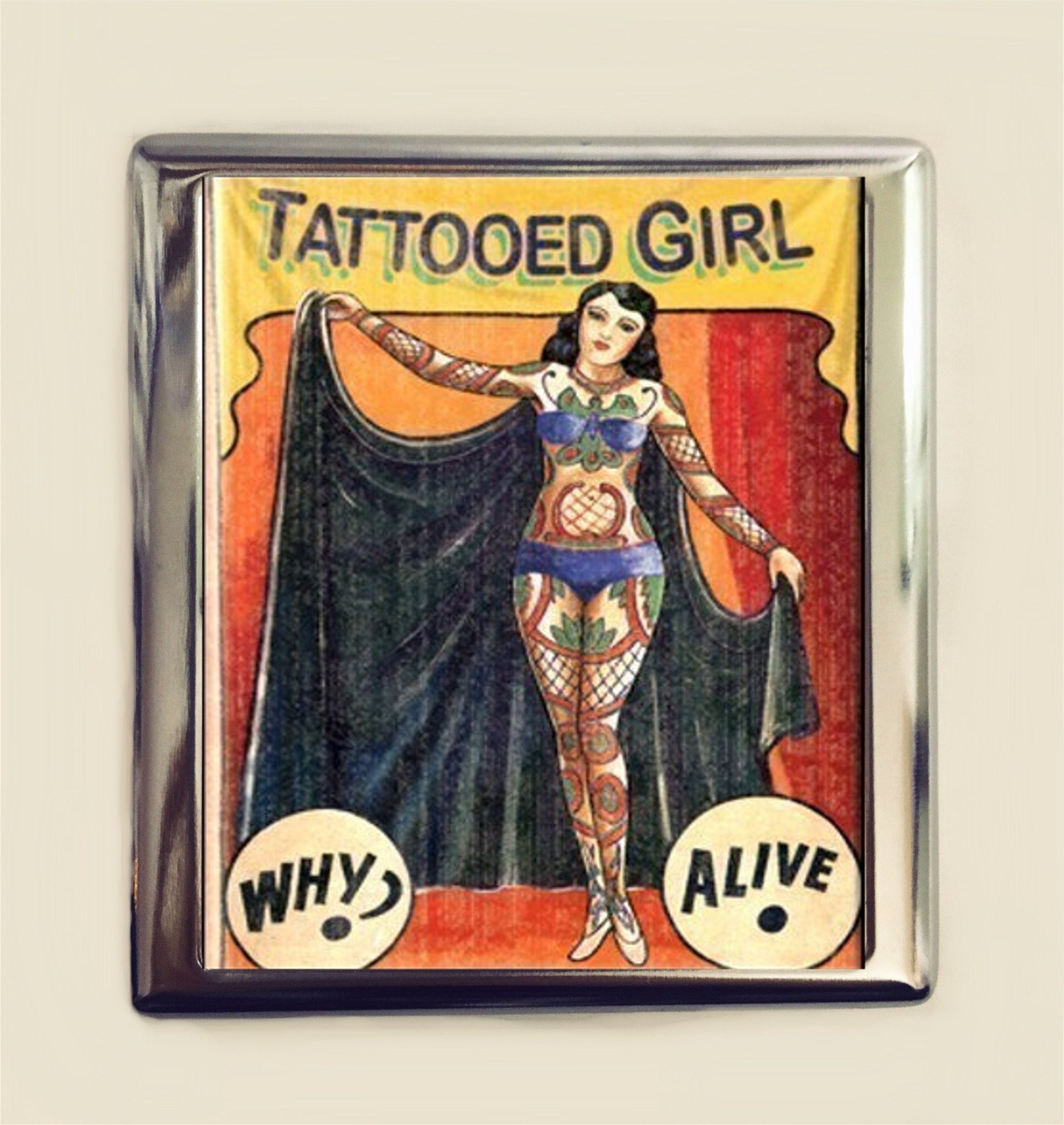 Tattooed Girl Cigarette Case Business Card ID Holder Wallet Sideshow Banner Circus Freak Tattoo Retro