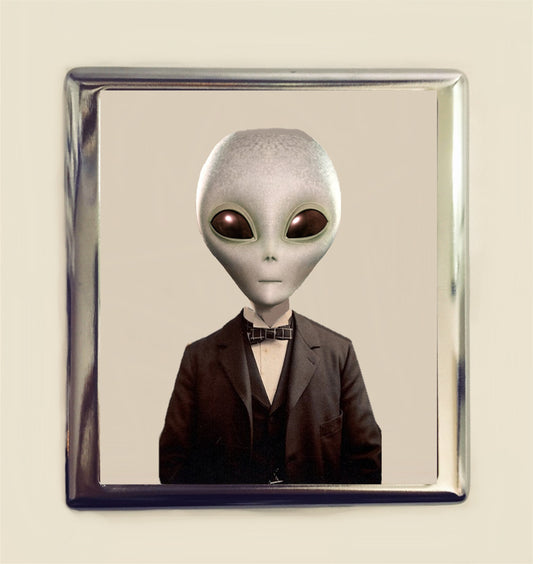 Victorian Alien Cigarette Case Business Card ID Holder Wallet Pop Altered Art Surrealism UFO Extraterrestrial Sci Fi