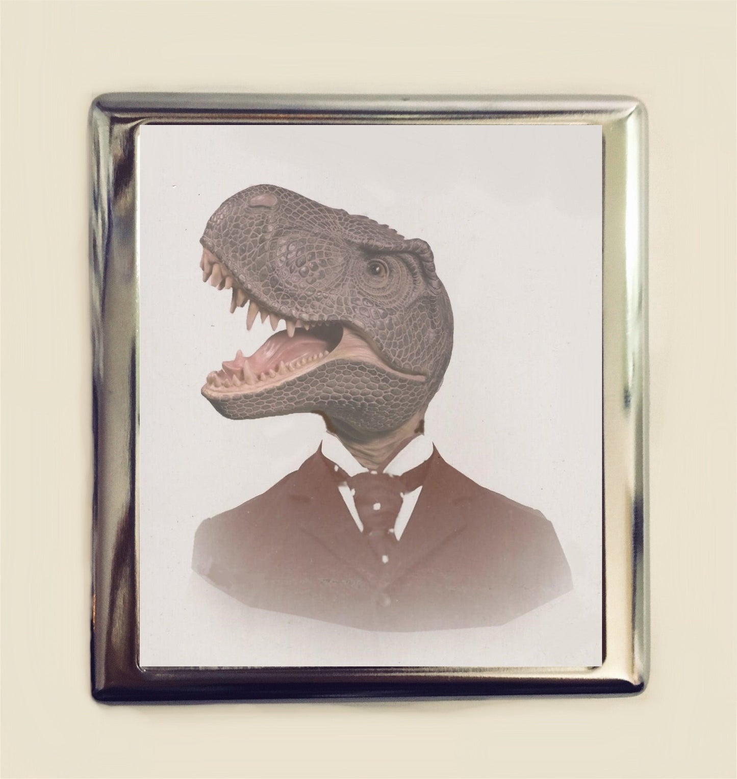 Victorian T-Rex Cigarette Case Business Card ID Holder Wallet Pop Altered Art Surrealism Dinosaur