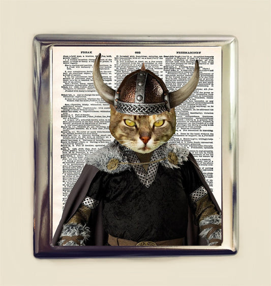 Viking Cat Cigarette Case Business Card ID Holder Wallet Pop Animal Art Whimsical Anthropomorphic Altered Art