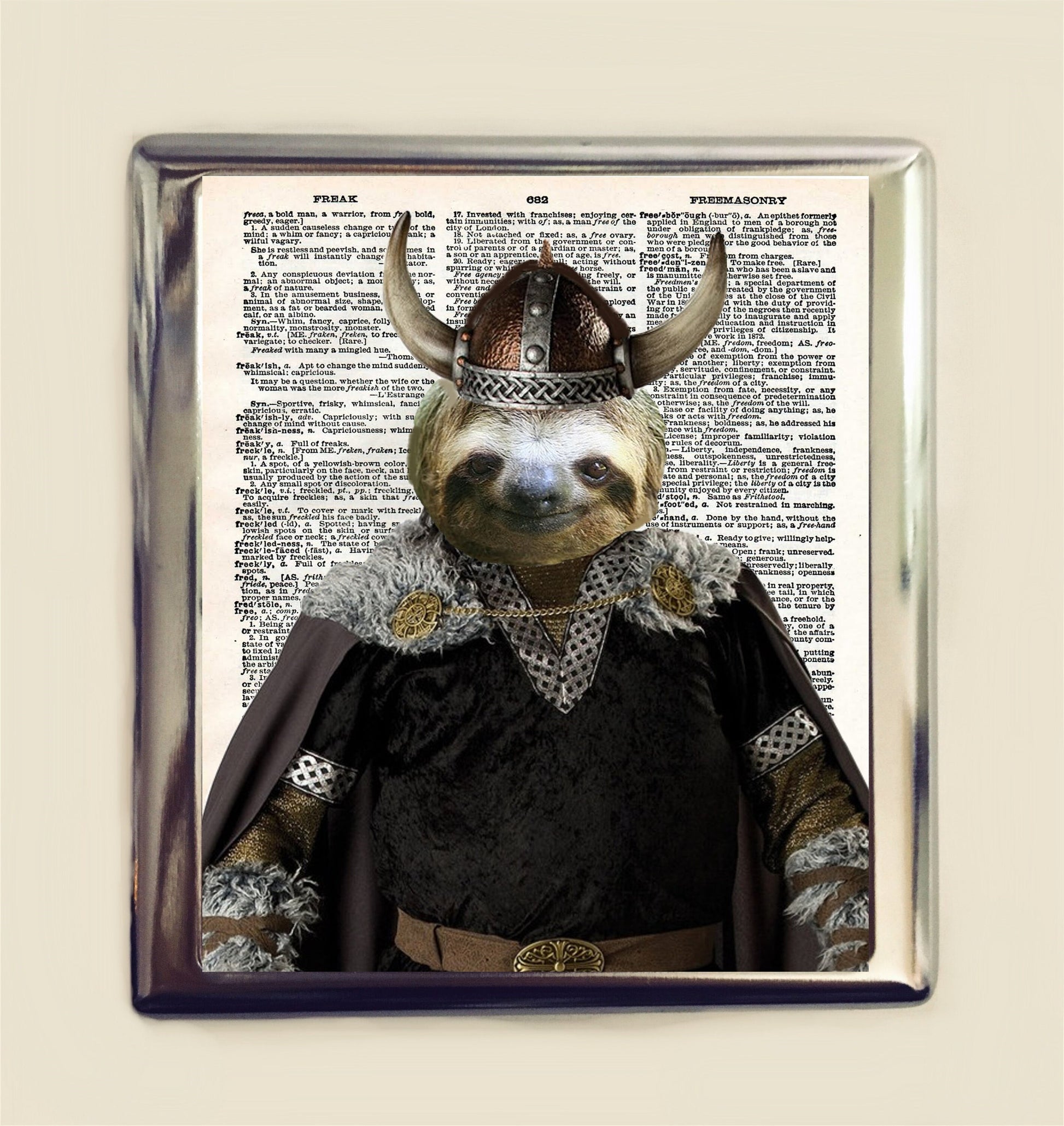 Viking Sloth Cigarette Case Business Card ID Holder Wallet Pop Animal Art Whimsical Anthropomorphic Altered Art