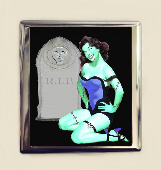 Zombie Pin Up Cigarette Case Business Card ID Holder Wallet Goth Gothic Horror Pin Up Girl Retro