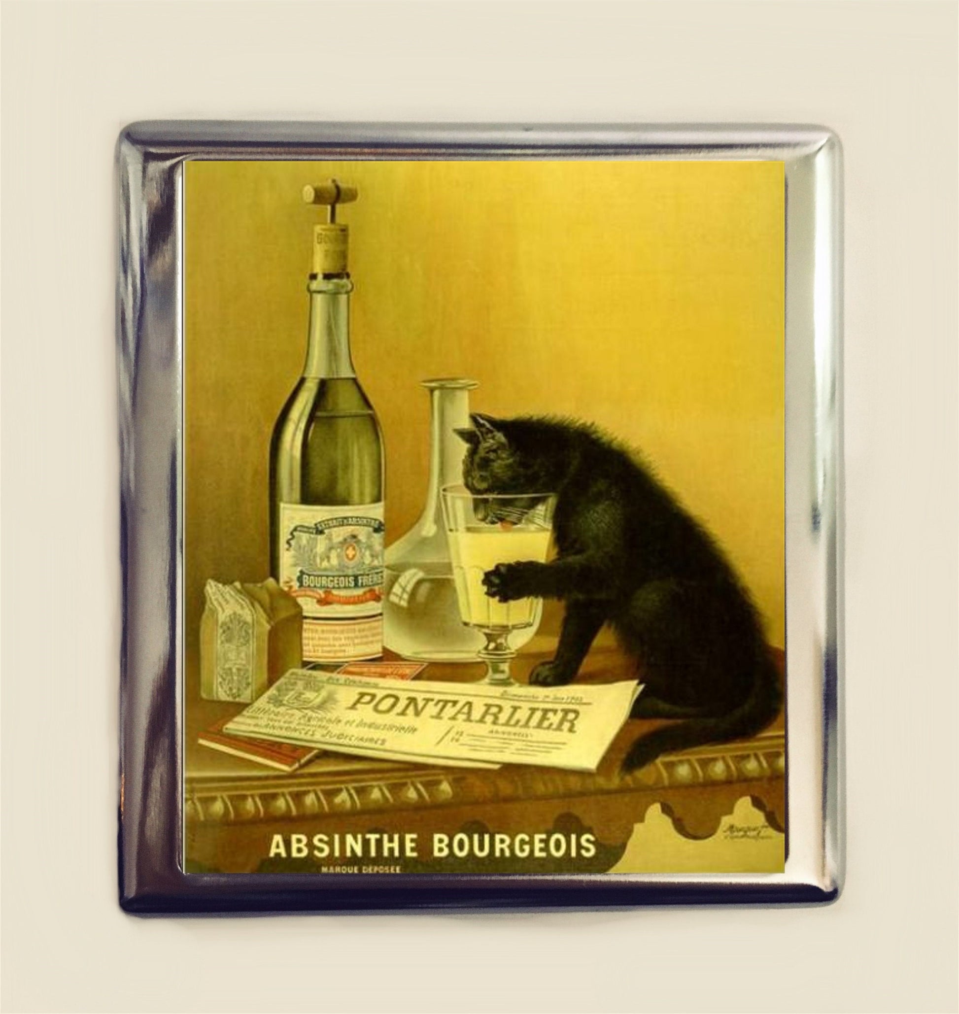 Absinthe Black Cat Cigarette Case Business Card ID Holder Wallet Vintage French Ad Art Nouveau