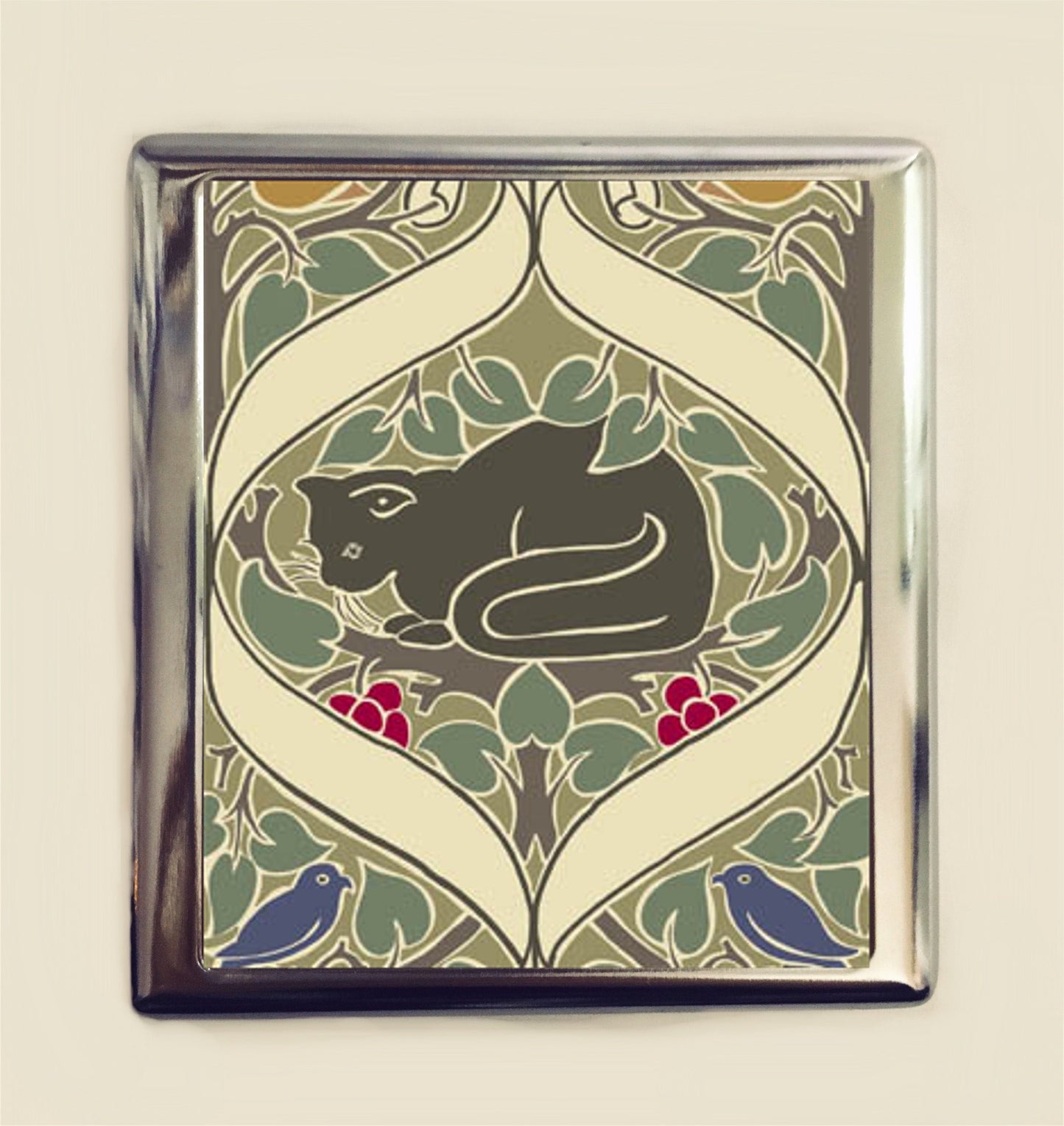 Art Nouveau Black Cat Cigarette Case Business Card ID Holder Wallet Blue Bird Birds Deco Pattern