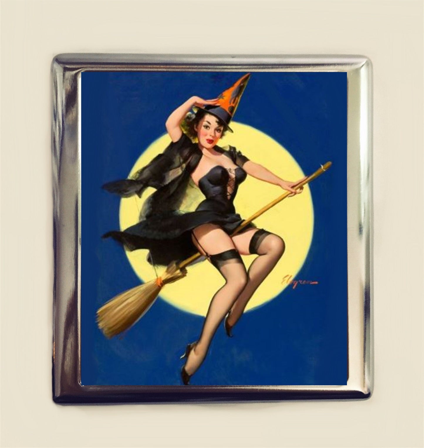 Pin Up Witch Cigarette Case Business Card ID Holder Wallet Pinup Girl Retro 1950s Halloween