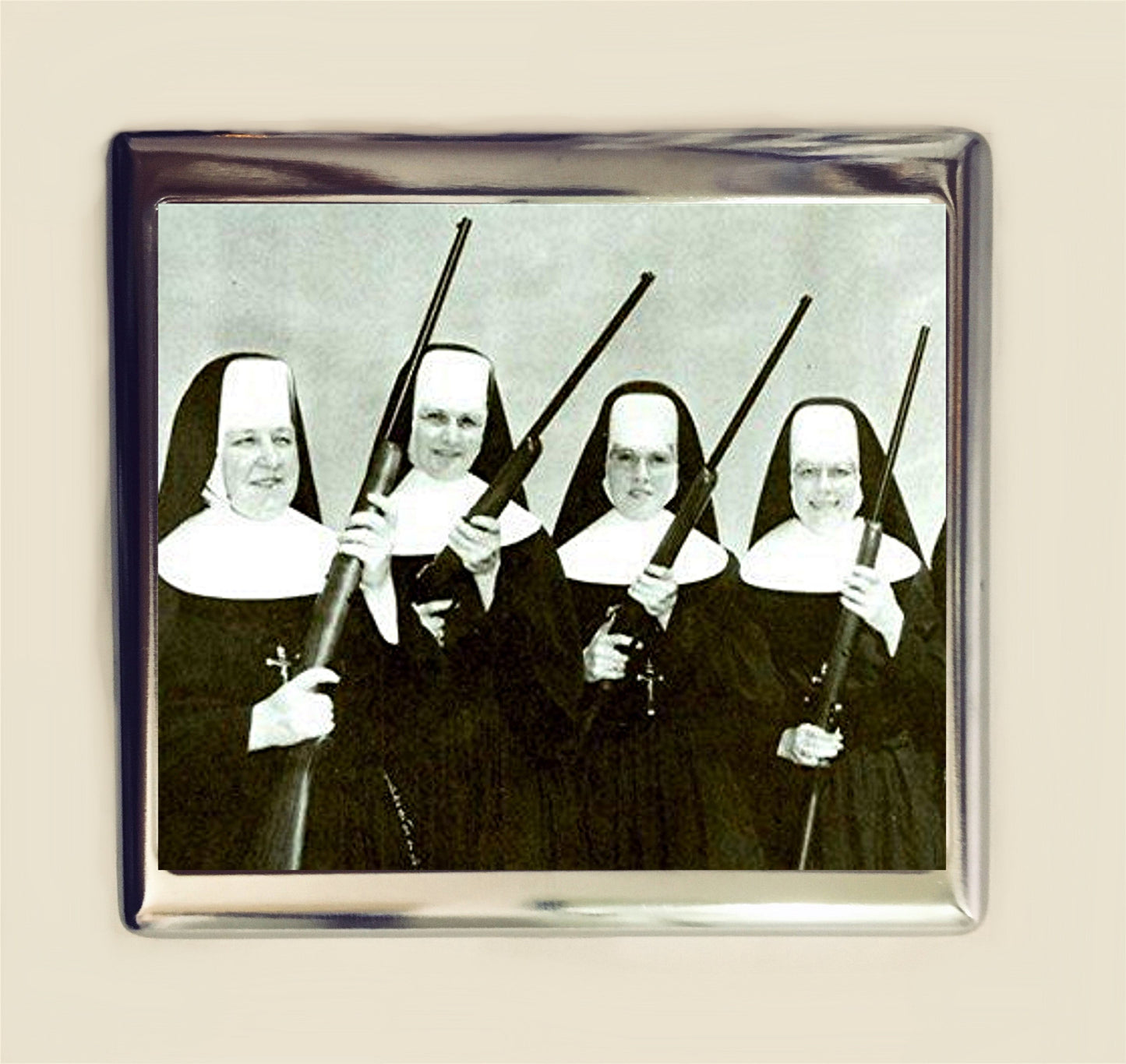 Nuns with Guns Cigarette Case Business Card ID Holder Wallet Nun Retro Kitsch Campy