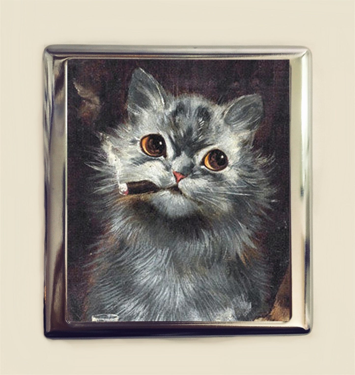 Smoking Cat Cigarette Case Business Card ID Holder Wallet Smoker Whimsical Cats Vintage Illustration