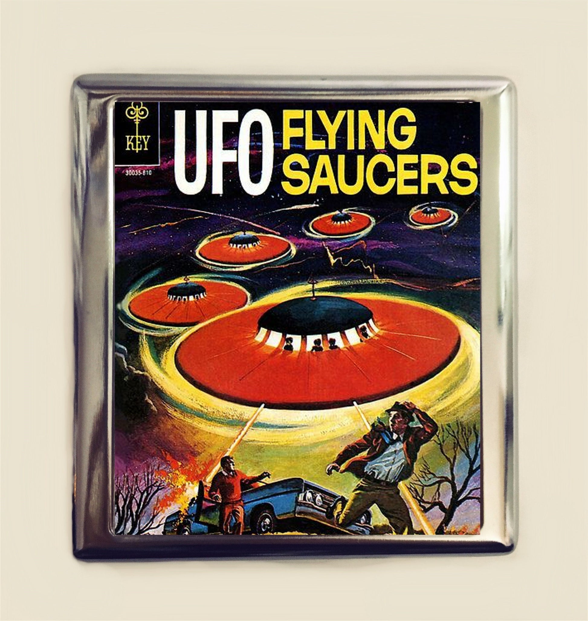 Comic Book UFO Cigarette Case Business Card ID Holder Wallet Retro Flying Saucer Alien Extraterrestrial