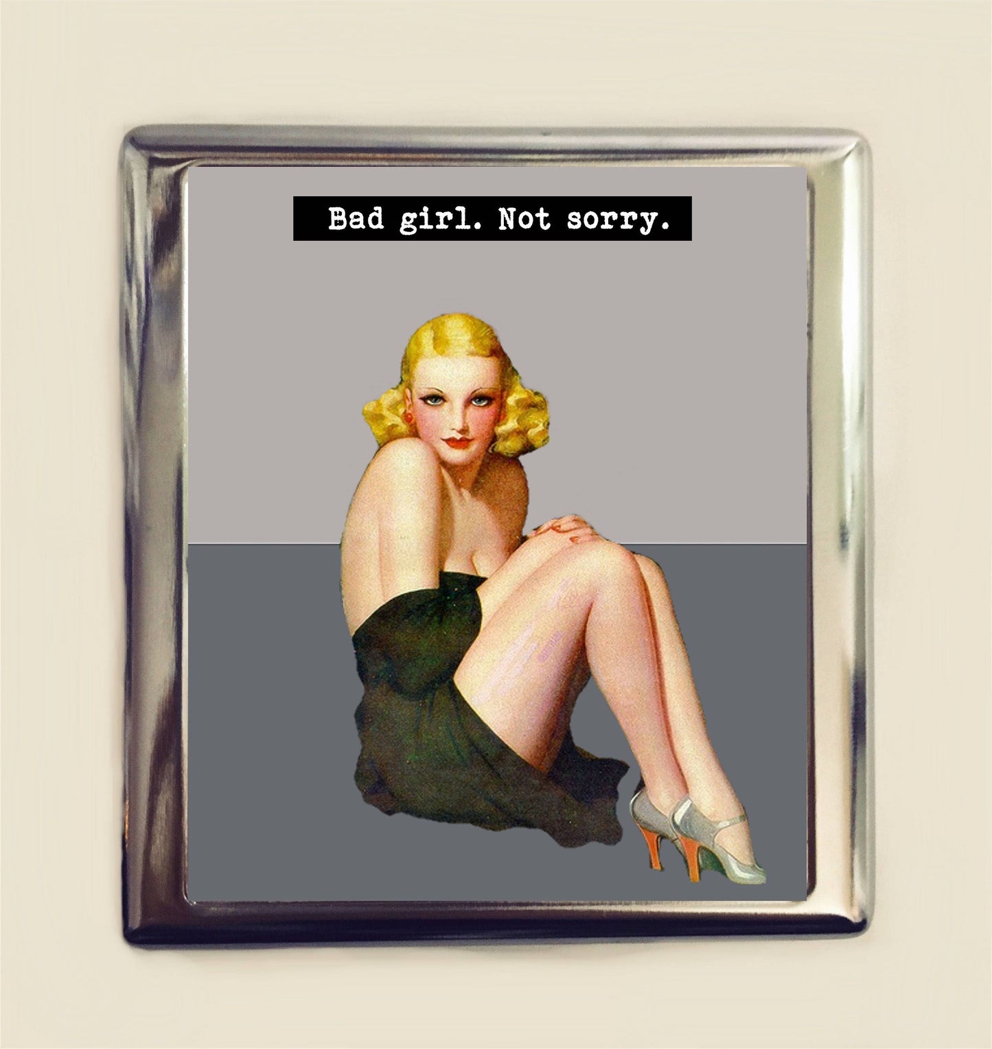 Bad Girl Not Sorry Cigarette Case Business Card ID Holder Wallet Retro Humor Funny Pin Up Sarcastic Pinup