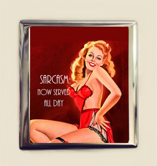 Sarcasm Now Served All Day Cigarette Case Business Card ID Holder Wallet Retro Humor Funny Pin Up Sarcastic Pinup Girl