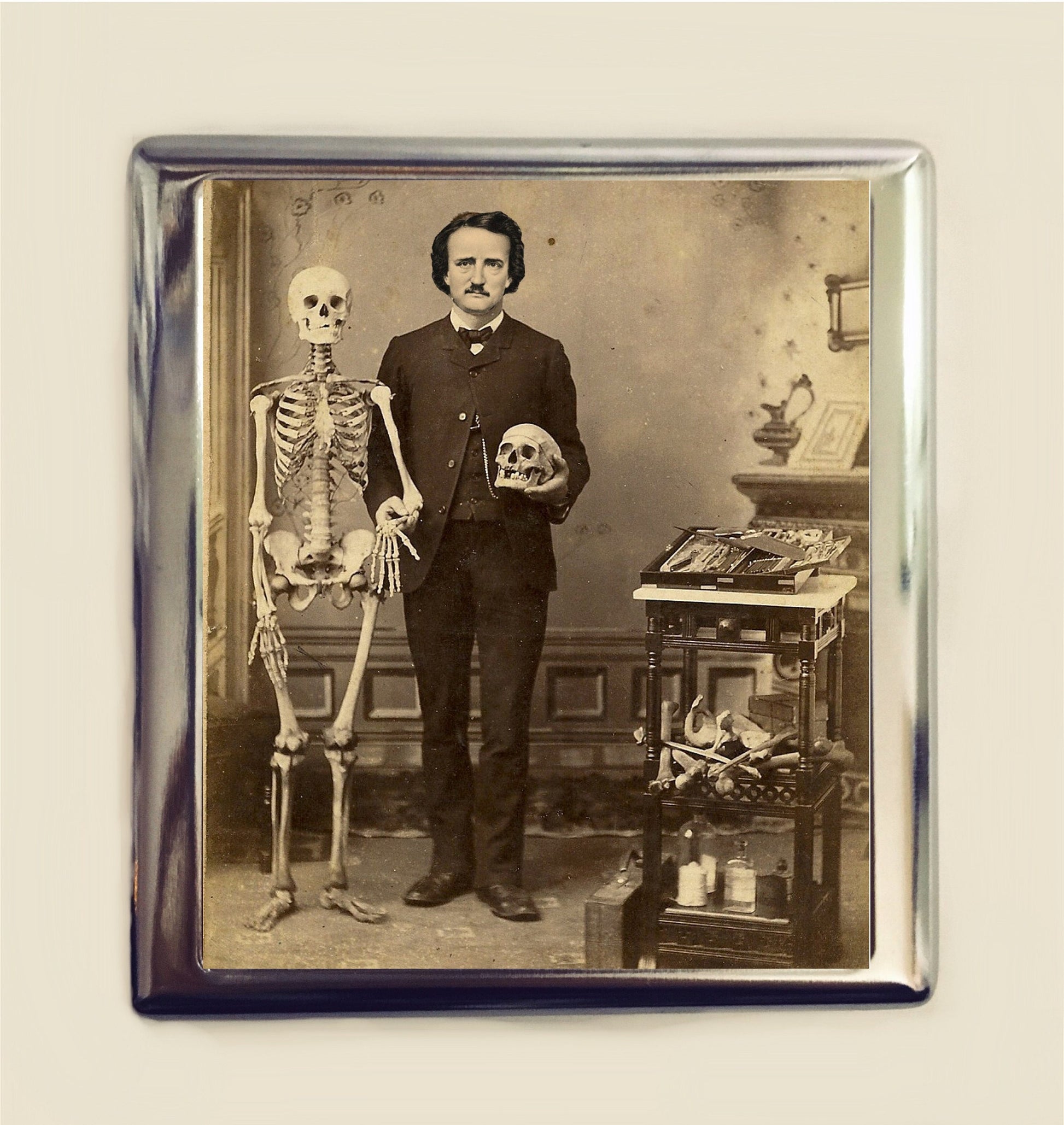 Edgar Allan Poe Skeleton Cigarette Case Business Card ID Holder Wallet Skull Goth Gothic Dark Art Victorian Literary Author