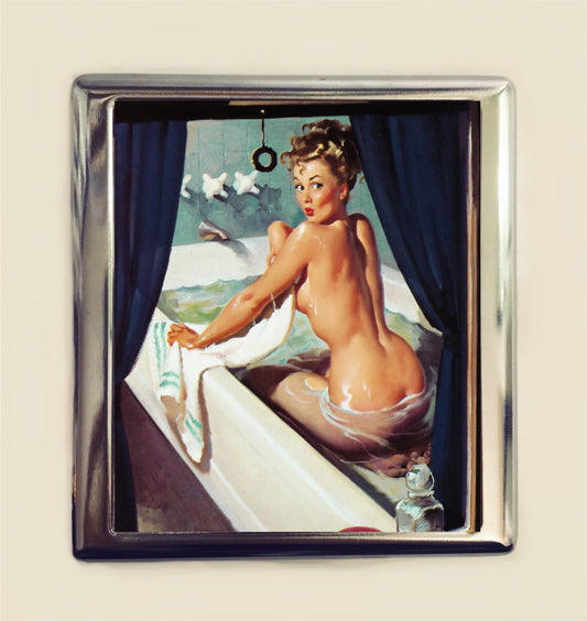 Pin Up Bath Cigarette Case Business Card ID Holder Wallet Pinup Girl Bathing Retro 1950s