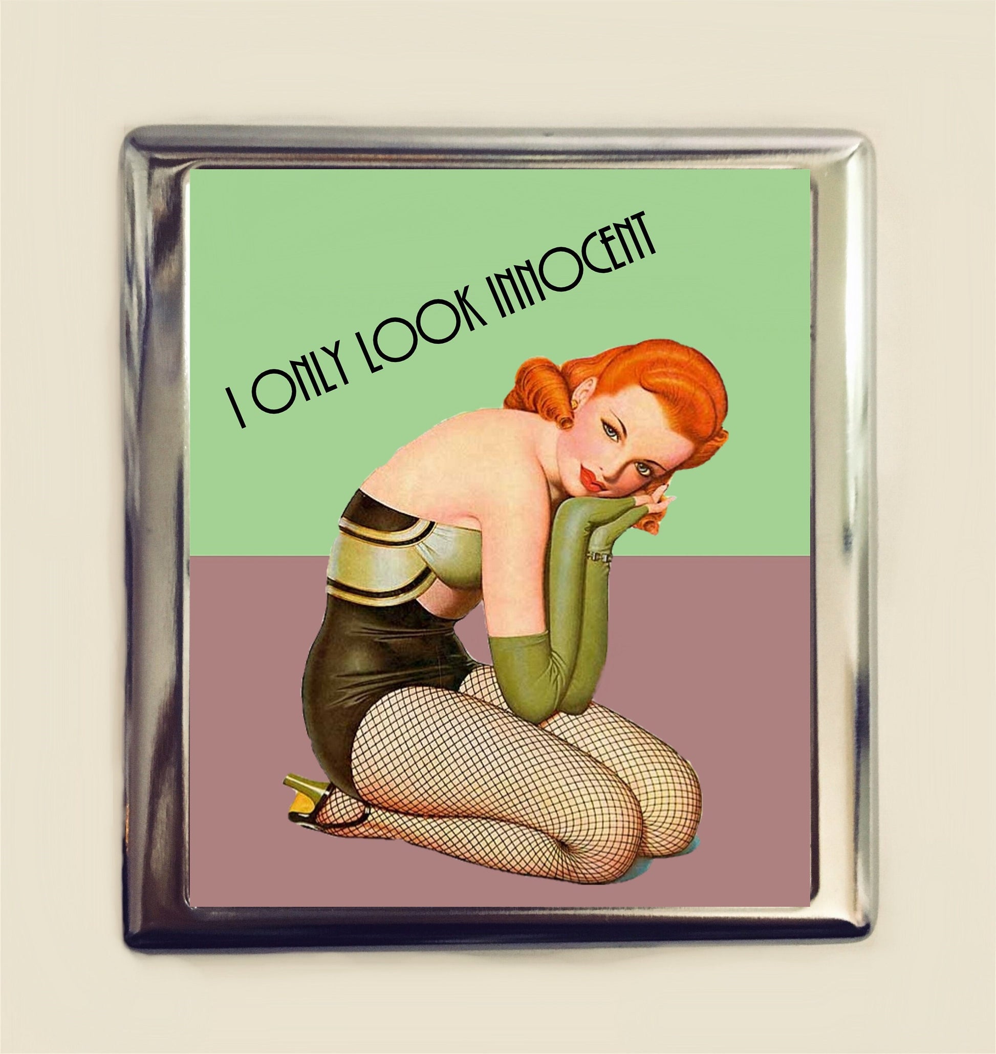 I Only Look Innocent Cigarette Case Business Card ID Holder Wallet Pinup Girl Pin Up Funny Retro Humor