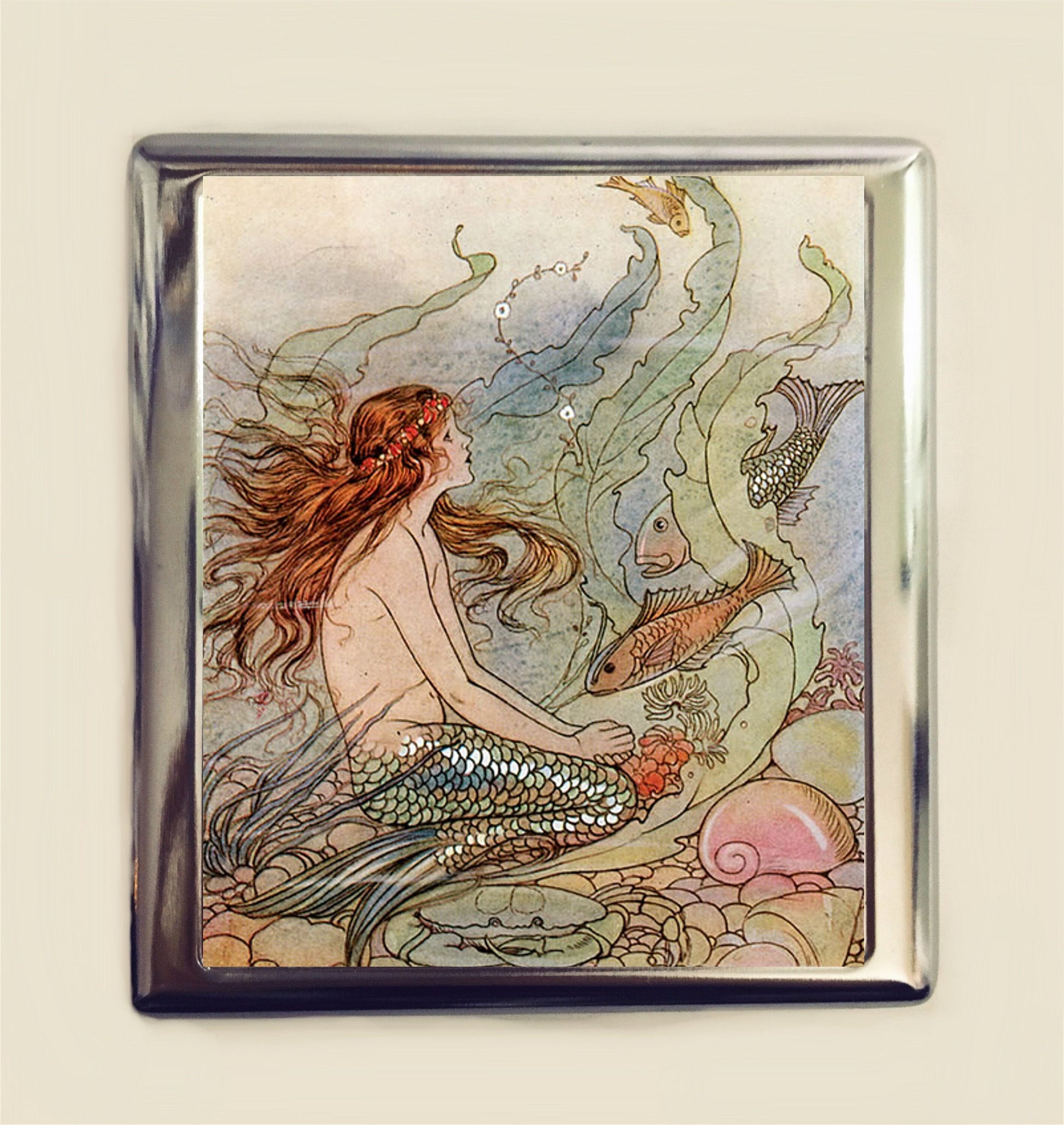 Mermaid Fish Cigarette Case Business Card ID Holder Wallet Fairytale Storybook Nautical Fairy Tale Illustration