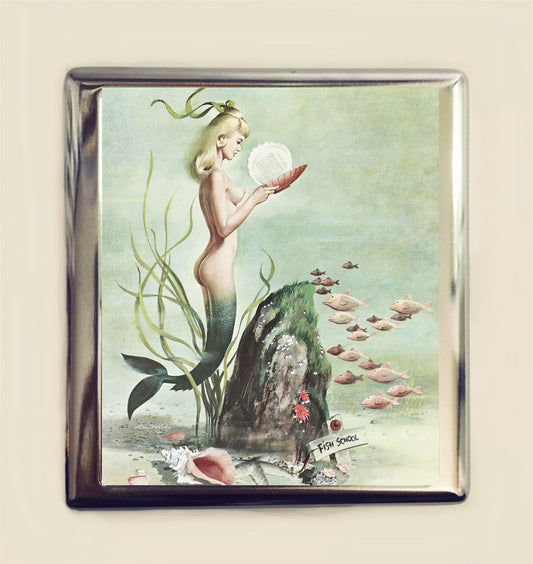 Mermaid Pinup Cigarette Case Business Card ID Holder Wallet Pin Up Girl Nautical Retro School of Fish