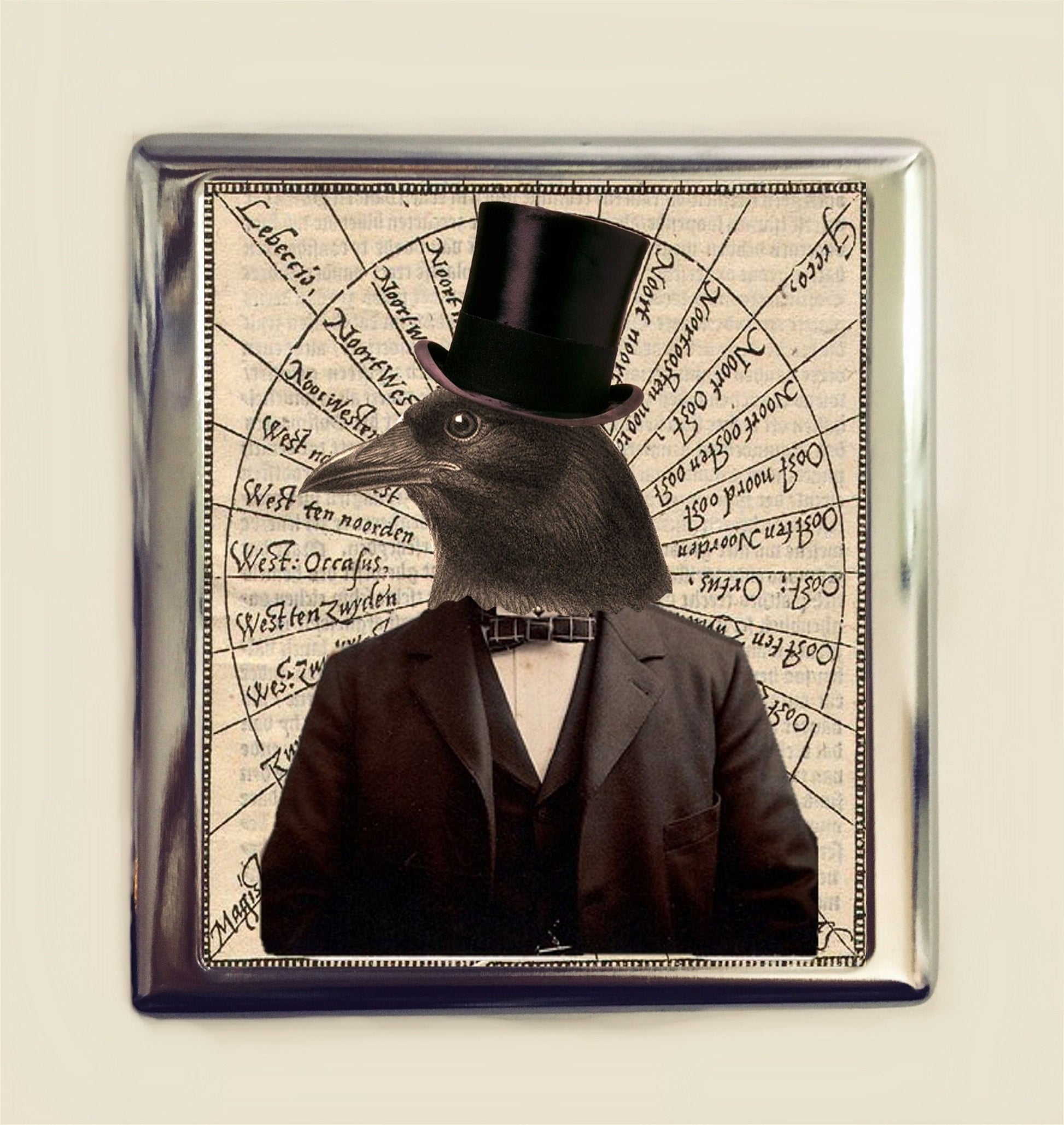 Victorian Steampunk Crow Cigarette Case Business Card ID Holder Wallet Anthropomorphic Animal Art Blackbird Bird