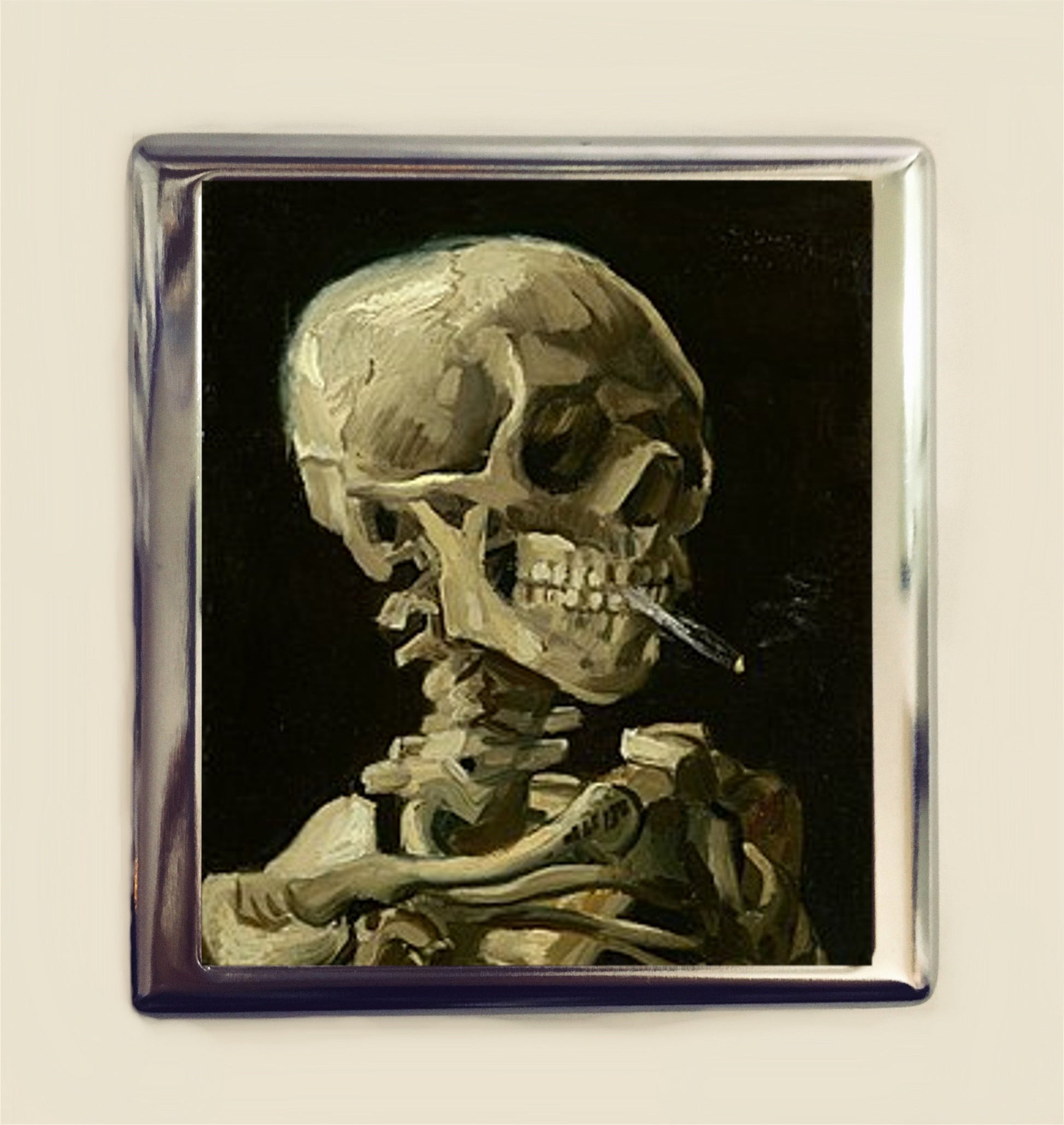 Smoker Skull Cigarette Case Business Card ID Holder Wallet Vincent Van Gogh Skeleton Smoking Goth Fine Art Painting