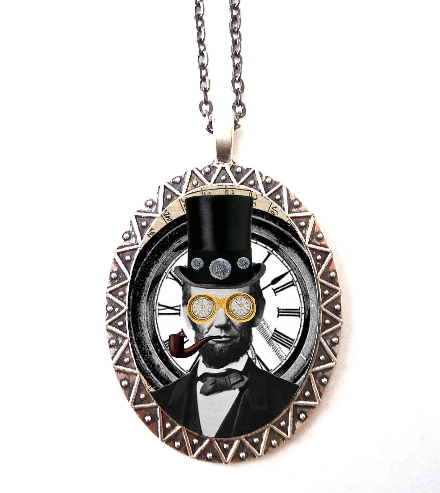 Abraham Lincoln Necklace Pendant Silver Tone - Victorian Steampunk Altered Art Surrealism