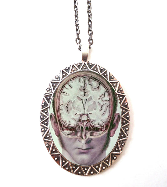 Anatomy Brain Necklace Pendant Silver Tone - Victorian Anatomical Medicine Medical Oddity