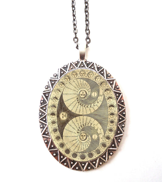 Moon Phases Necklace Pendant Silver Tone - Antique Lunar Phases Image Esoteric Celestial