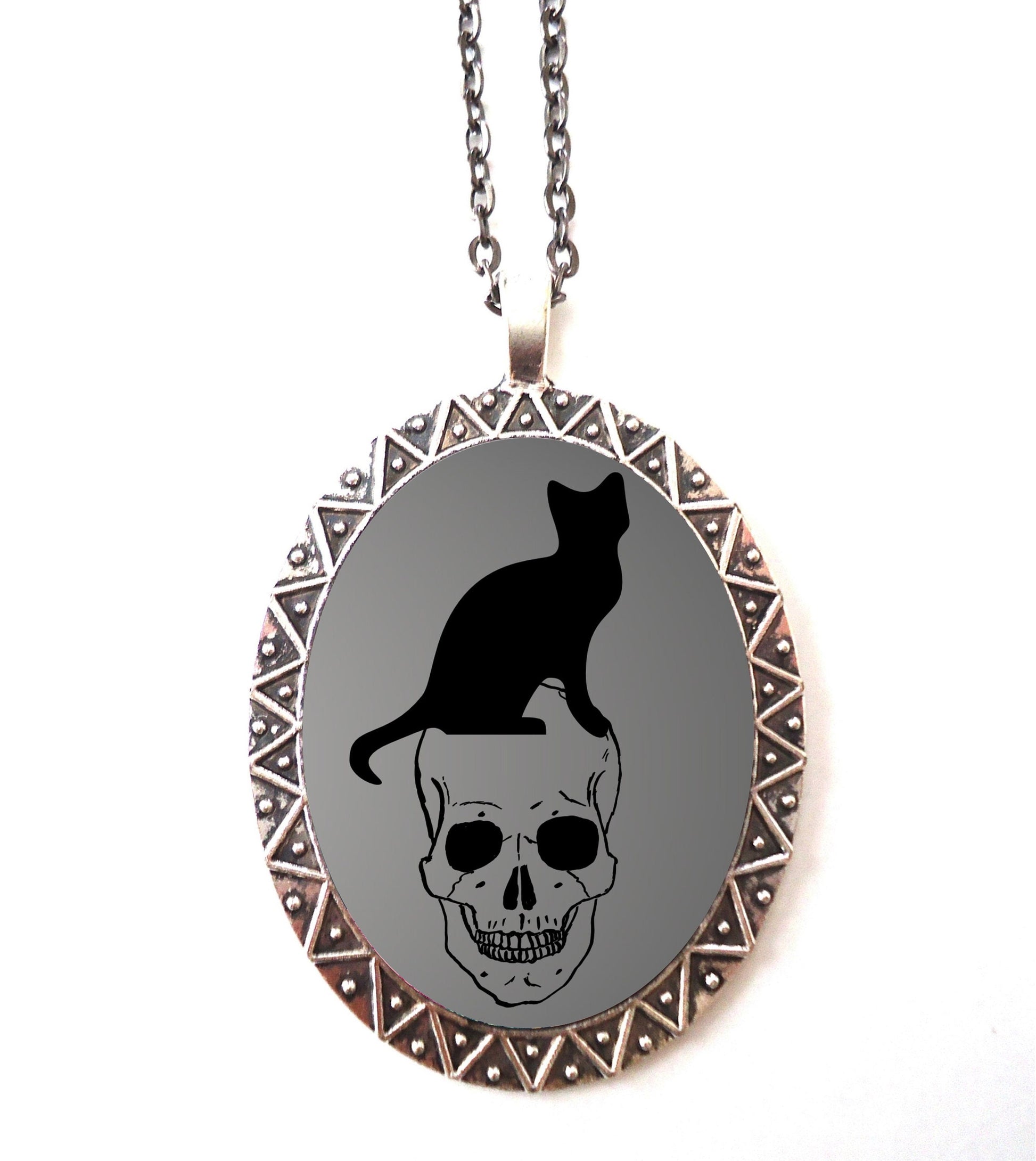 Black Cat on Skull Necklace Pendant Silver Tone - Goth Gothic Dark Art Witch