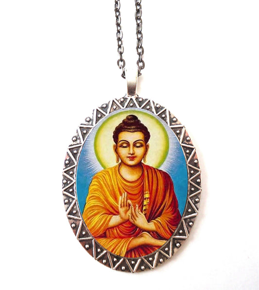 Buddha Necklace Pendant Silver Tone - Buddhist Buddhism Zen Spiritual Spirituality