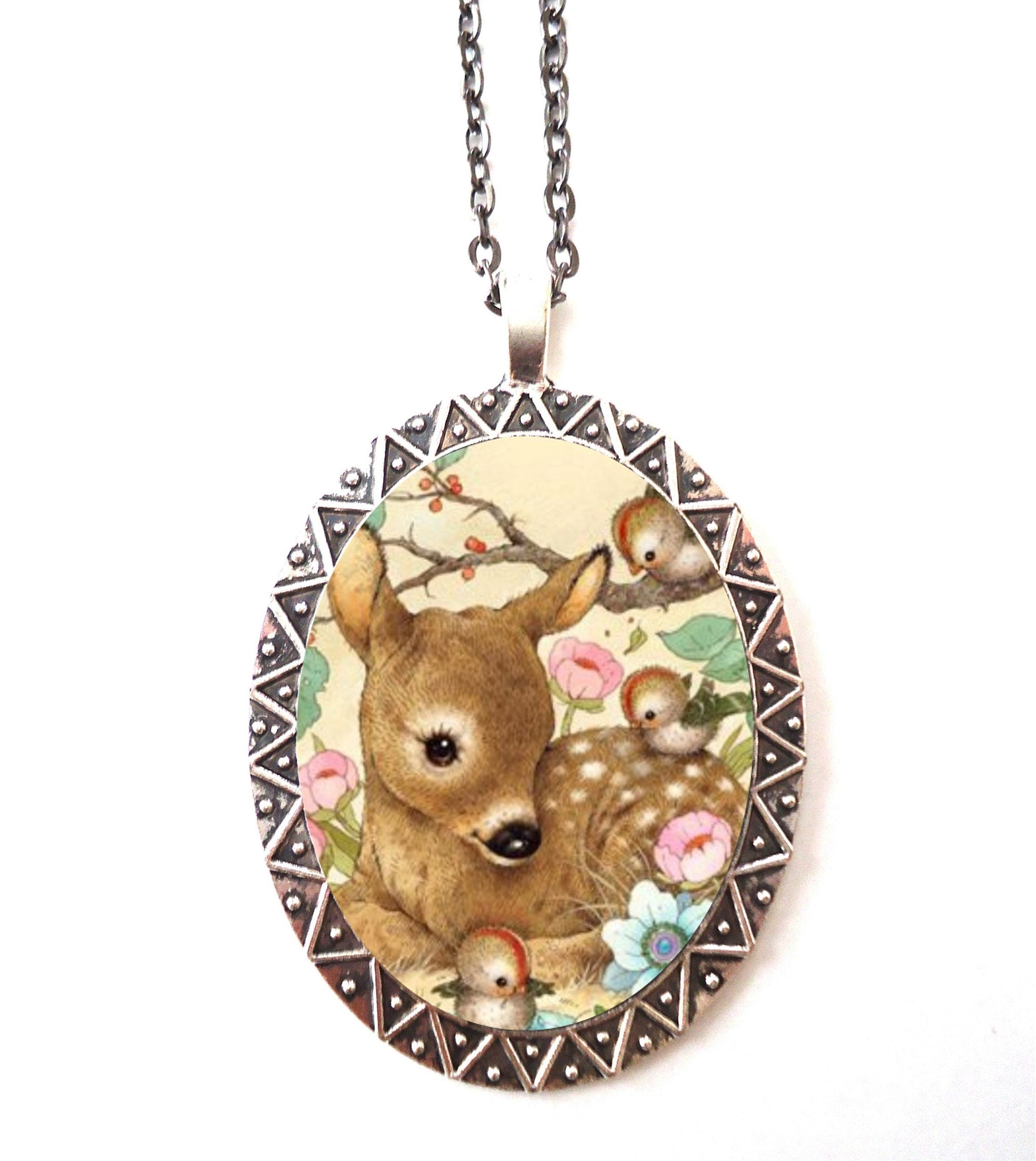 Deer Necklace Pendant Silver Tone - Woodland Creatures Retro Kitsch Kawaii Bird Birds Illustration