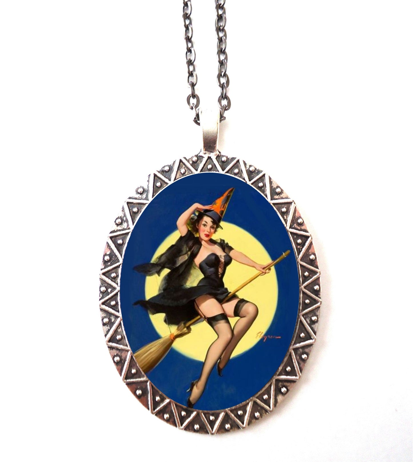 Witch Pin Up Necklace Pendant Silver Tone - Pinup Girl Retro 1950s Halloween Witches Full Moon