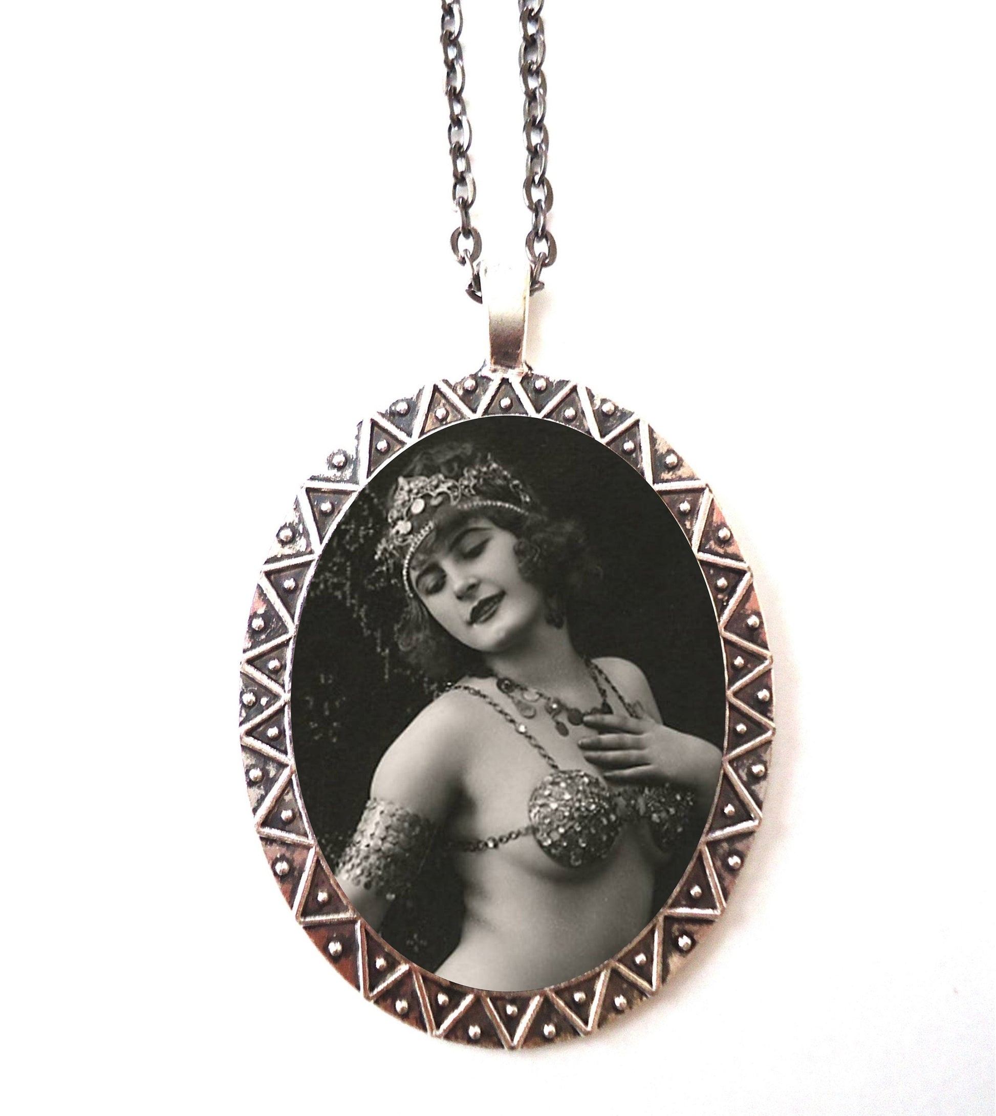 Flapper Belly Dancer Necklace Pendant Silver Tone - Art Deco Boho Bohemian Egyptian Revival 1920s