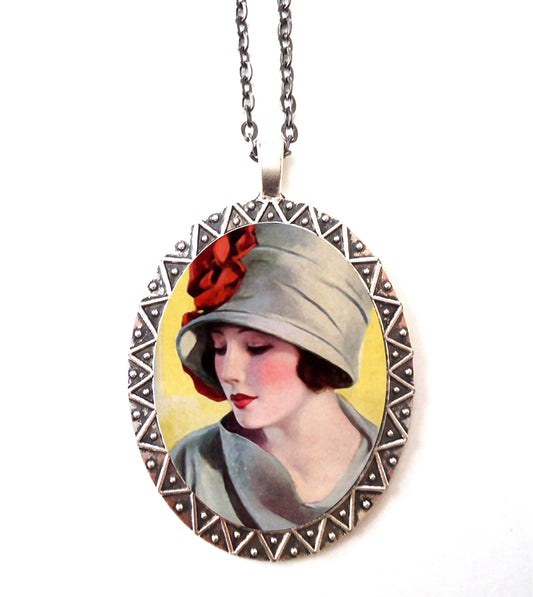 Flapper Girl Necklace Pendant Silver Tone - Art Deco 1920's Jazz Age Illustration Roaring 20s