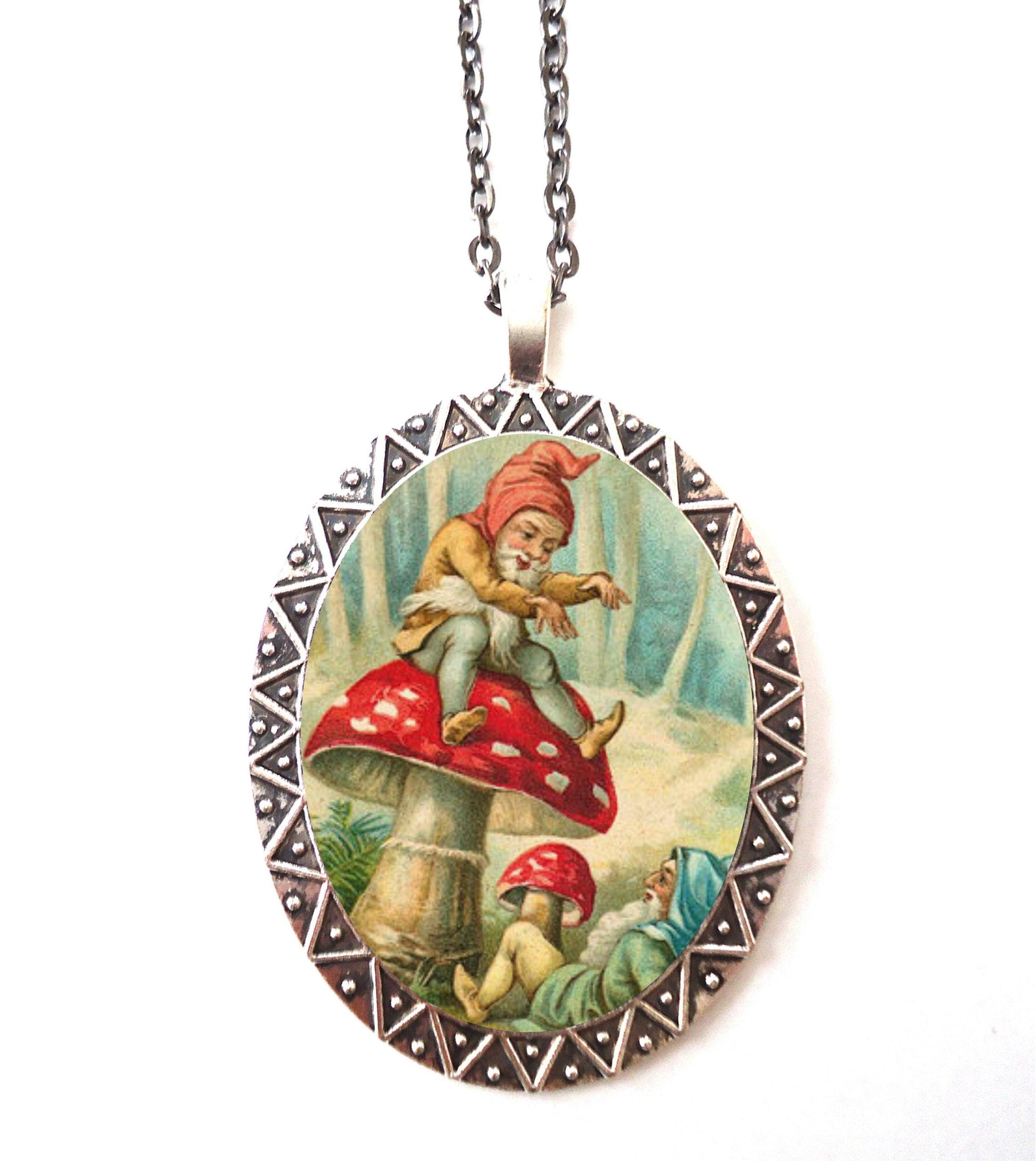 Gnome Elf Necklace Pendant Silver Tone - Whimsical Lawn Gnomes Elves Mushroom Storybook Illustration