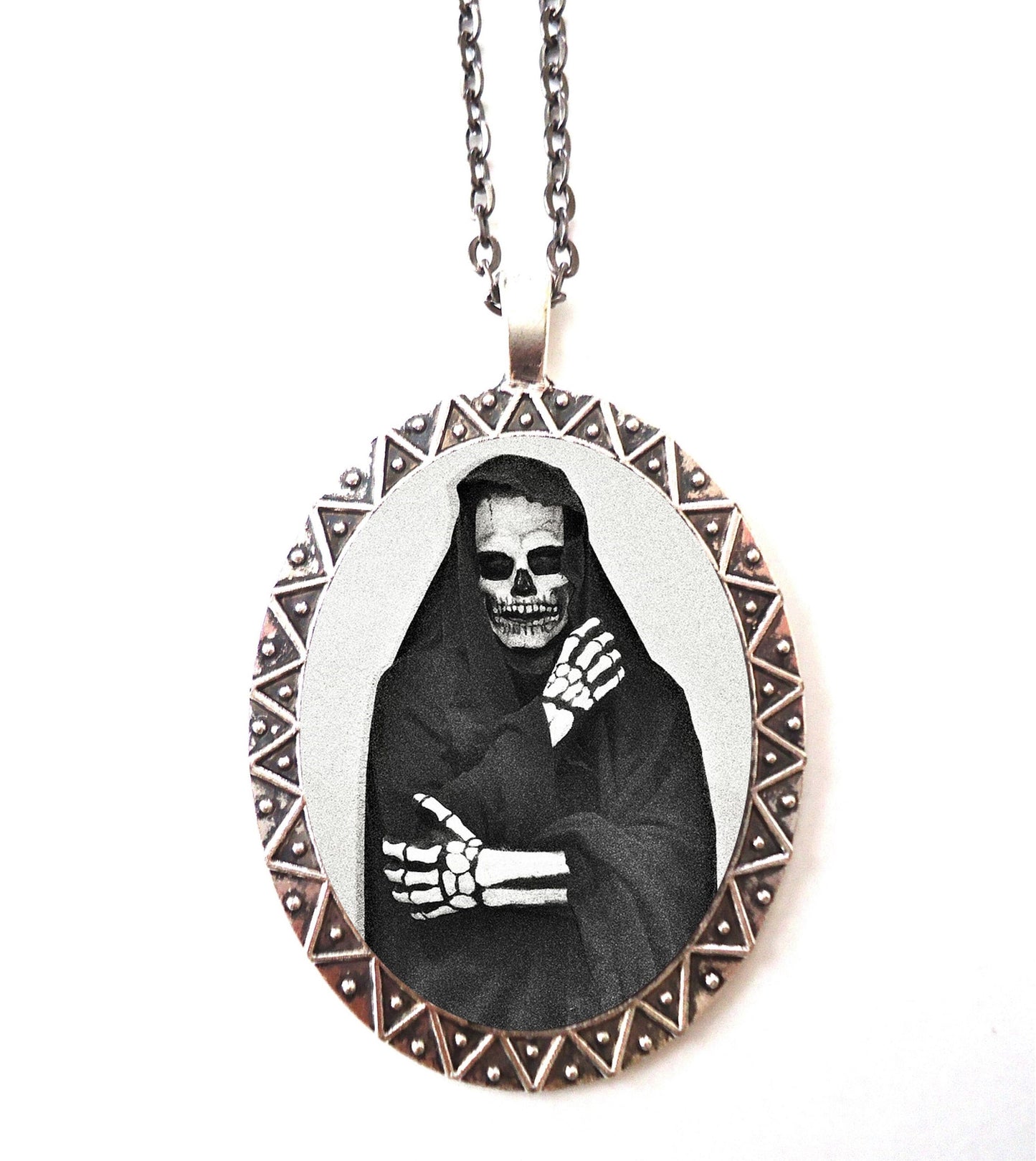 Grim Reaper Necklace Pendant Silver Tone - Goth Gothic Skeleton Skull Dark Art Death