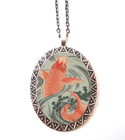 Japanese Koi Pendant Silver Tone - Woodblock Japan Goldfish Gold Fish Necklace