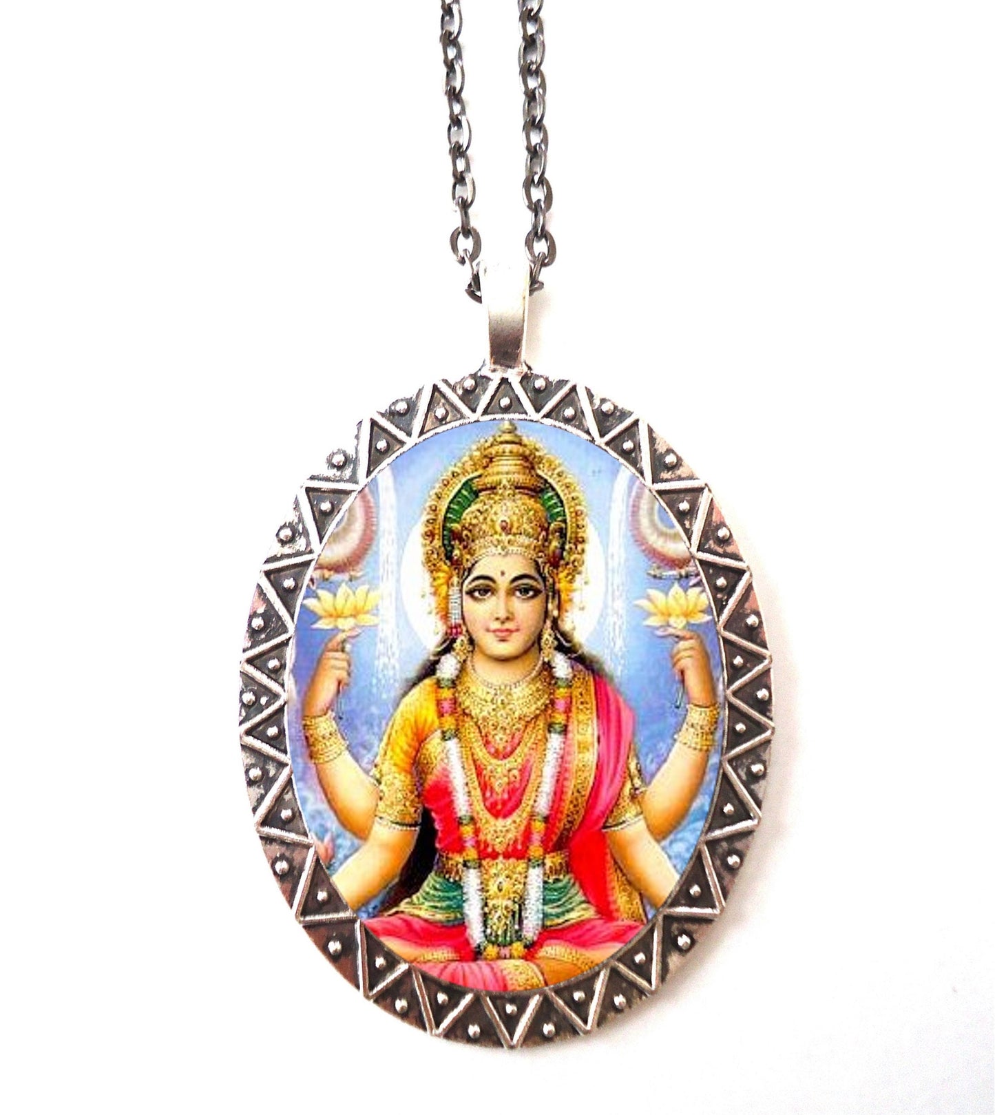 Lakshmi Necklace Pendant Silver Tone - Hindu Hinduism God Spiritual Spirituality