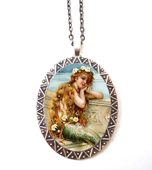 Young Mermaid Necklace Pendant Silver Tone - Art Nouveau Edwardian Nautical Siren Illustration