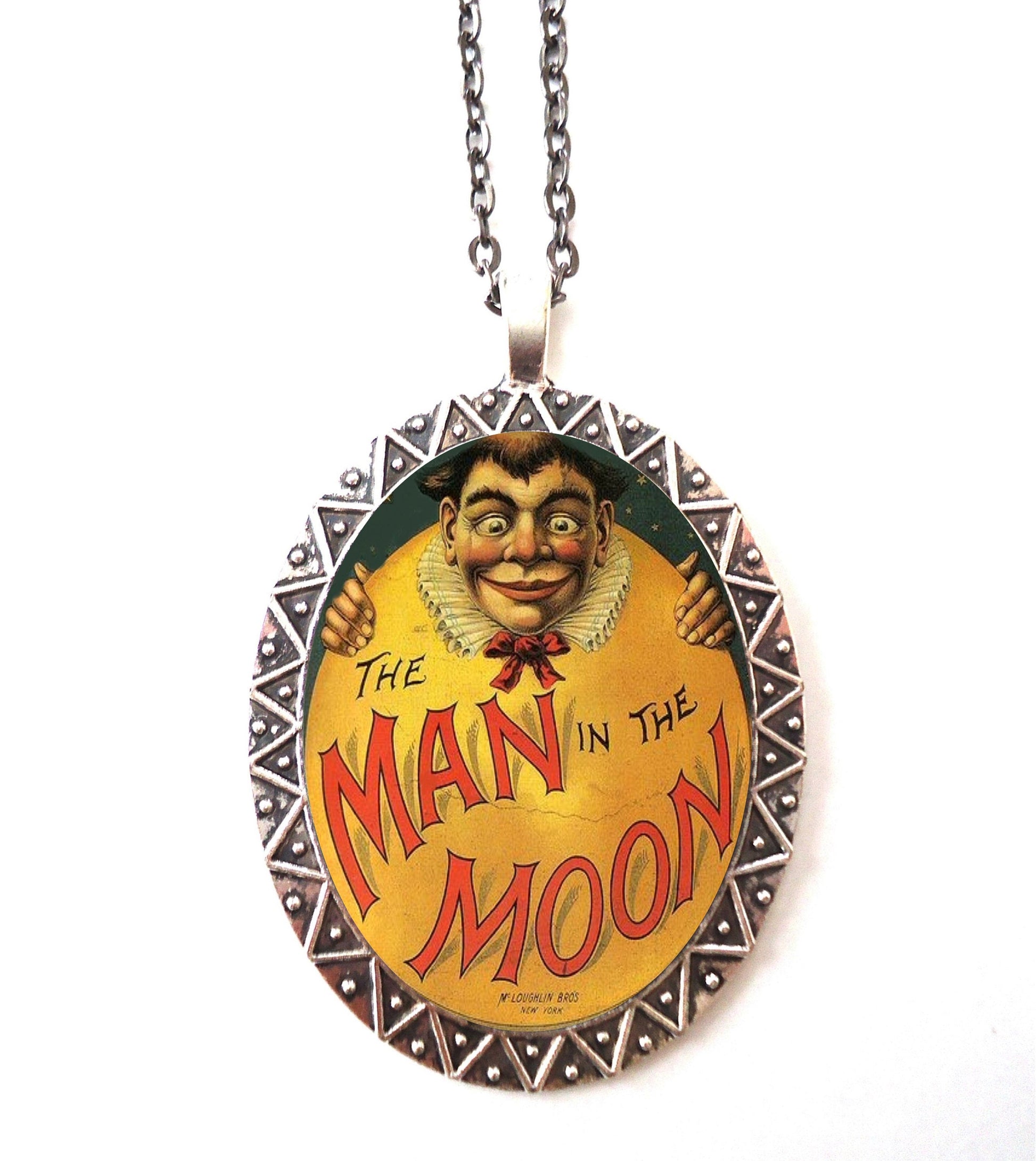 Man in the Moon Necklace Pendant Silver Tone - Children's Storybook Nursery Rhyme Victorian