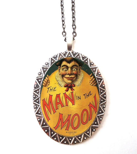 Man in the Moon Necklace Pendant Silver Tone - Children's Storybook Nursery Rhyme Victorian