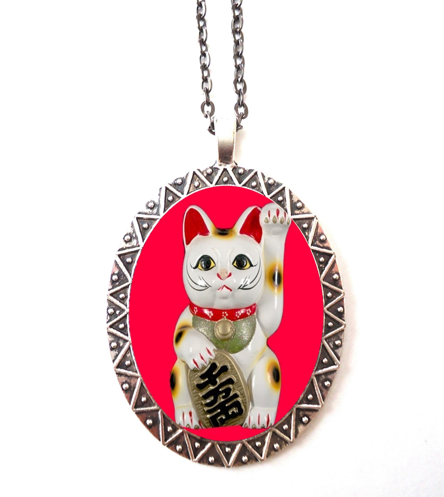 Maneki Neko Necklace Pendant Silver Tone - Japanese Lucky Cat Japan Kawaii