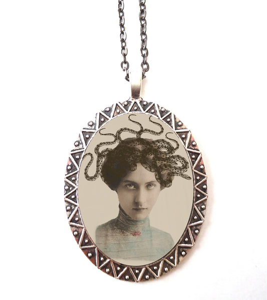 Medusa Necklace Pendant Silver Tone - Victorian Surrealism Snake Woman Altered Art Snakes