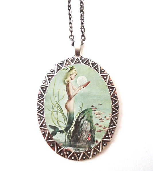 Pin Up Mermaid Necklace Pendant Silver Tone - Pinup Girl Retro 1950's