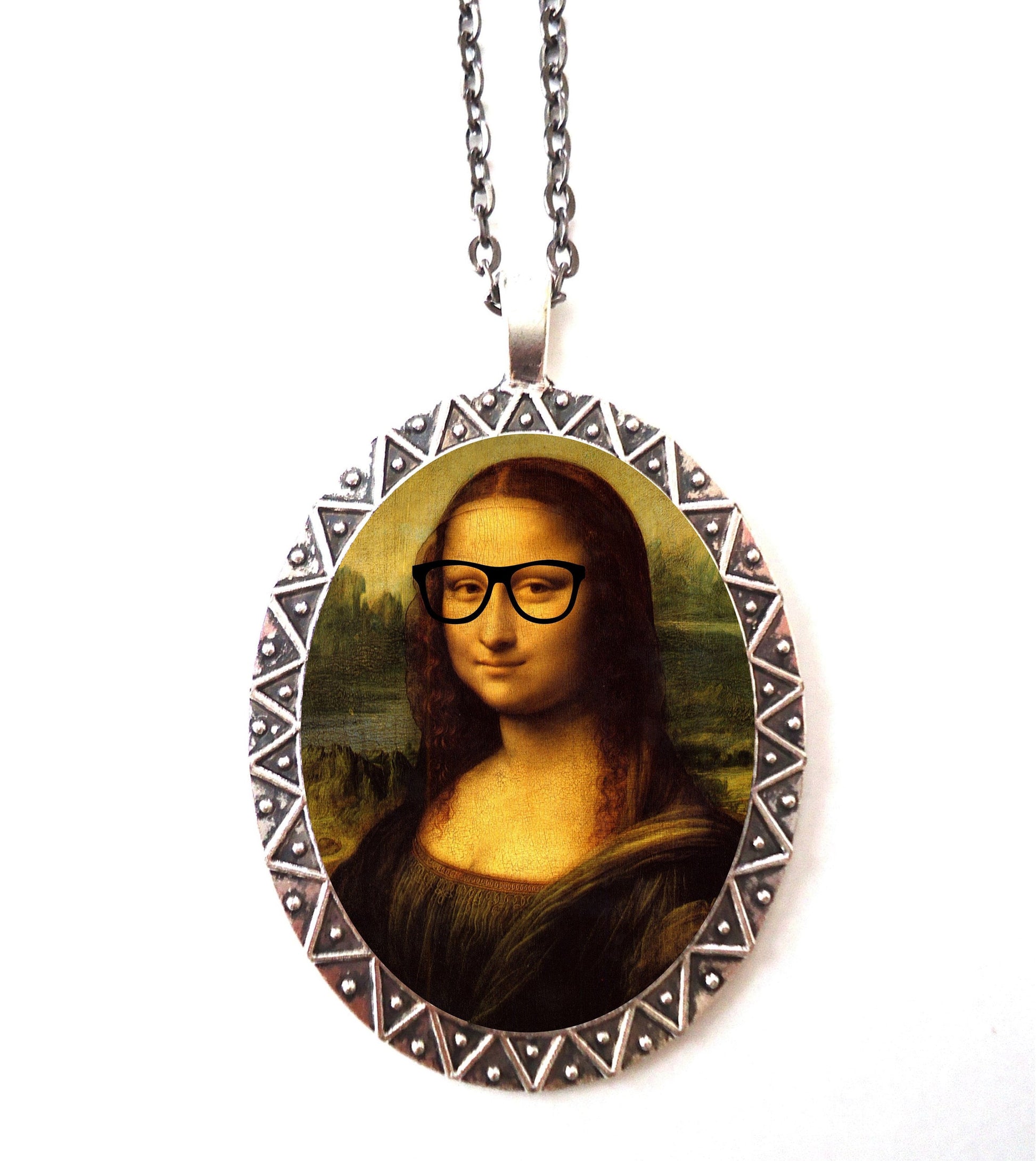 Mona Lisa Nerd Necklace Pendant Silver Tone - Leonardo Da Vinci Pop Surrealism Art