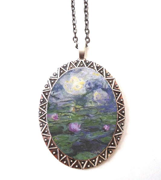 Claude Monet Water Lilies Necklace Pendant Silver Tone - Fine Art Painting