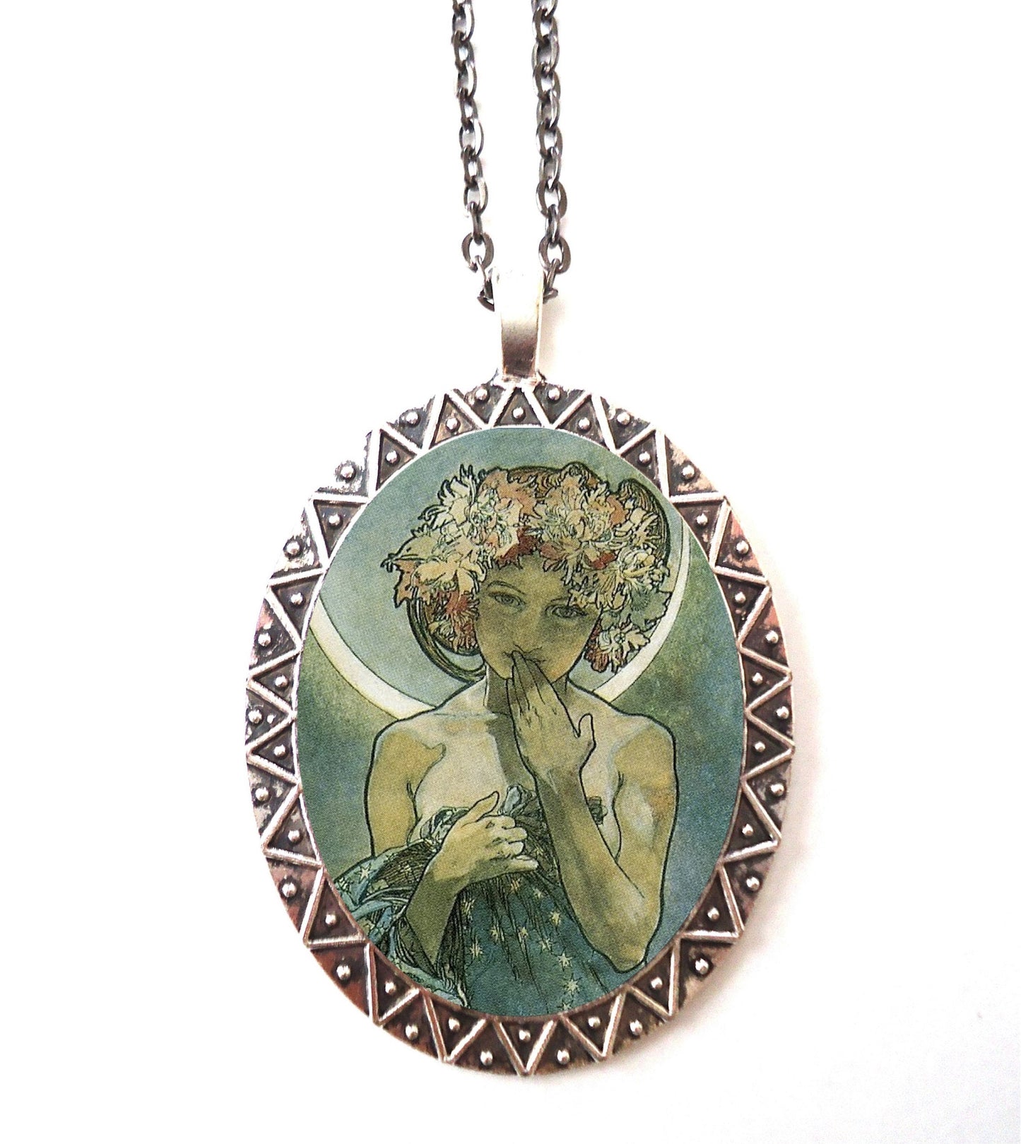 Alphonse Mucha Moon Necklace Pendant Silver Tone - Art Nouveau Deco Boho Gypsy Bohemian