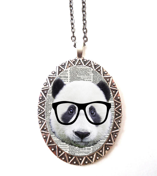 Panda Bear Nerd Necklace Pendant Silver Tone - Pop Art Anthropmorphic Animal Art