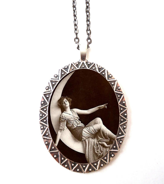 Paper Moon Necklace Pendant Silver Tone - Art Nouveau Deco Flapper Whimsical