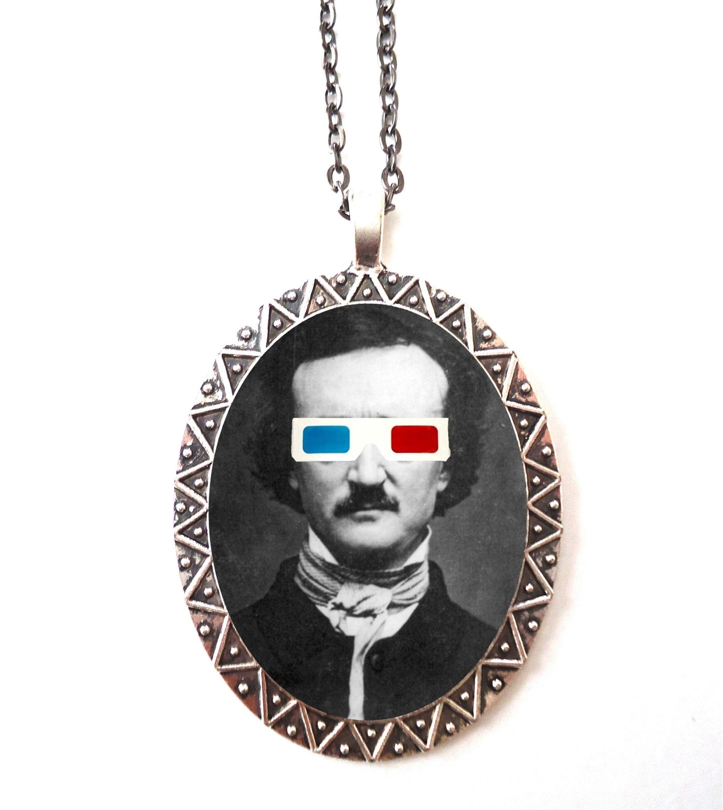 Edgar Allan Poe 3D Glasses Necklace Pendant Silver Tone - Pop Surrealism Goth Author Literature Altered Art