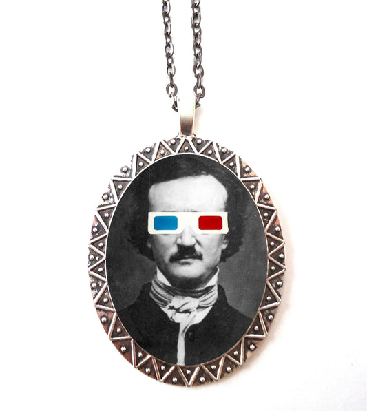 Edgar Allan Poe 3D Glasses Necklace Pendant Silver Tone - Pop Surrealism Goth Author Literature Altered Art