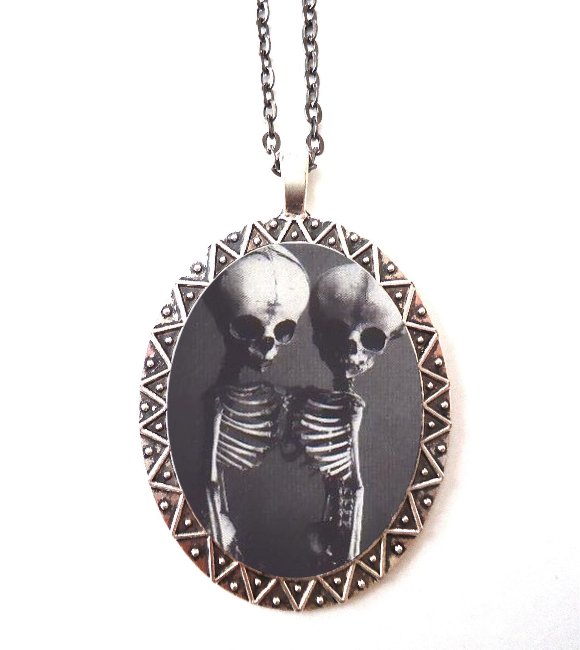 Siamese Twin Skeletons Necklace Pendant Silver Tone - Conjoined Skeleton Goth Gothic Sideshow Circus Freak Dark Art